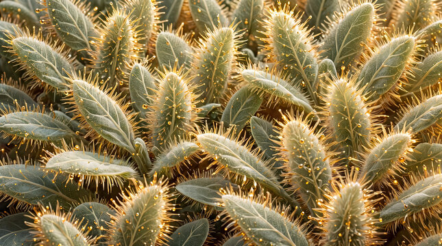
A Detailed Close-Up Microscopic View of a Dense Forest of Golden Trichomes and Glandular Hairs Covering the Surface of Green Plant Leaves Glistening With Resin Droplets