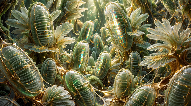 An Enigmatic Microscopic Forest Visualization Highlighting Ornate Chloroplast Organelles Featuring Stacked Thylakoid Membranes and Glowing Gold Accents Within Plant Cellular Structures