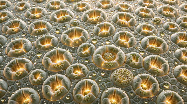 An Astounding Microscopic View Revealing the Complex Surface Structure of a Sage Leaf Populated With Numerous Stomata and Guard Cells Glistening With Morning Dew Droplets