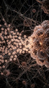 Lipid nanoparticle stream navigating neural tissue toward tumor membrane, receptor ligand docking, targeted oncology nanomedicine drug delivery process, microscopic view.