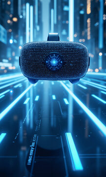 Virtual reality headset futuristic city cybernetic glowing digital visor floating over a neon blue tech grid
