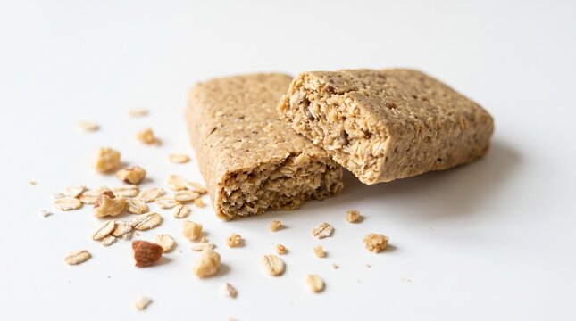 Granola bar made of oats with scattered crumbs on clean white background, minimalist snack photography.