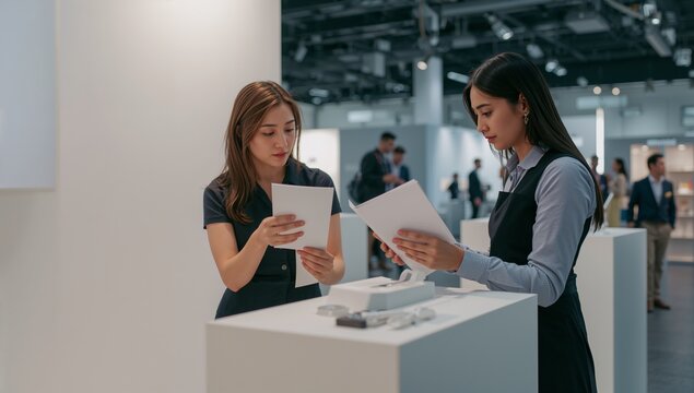 Ausstellerinnen bereiten neutralen Messestand vor Er&ouml;ffnung vor
