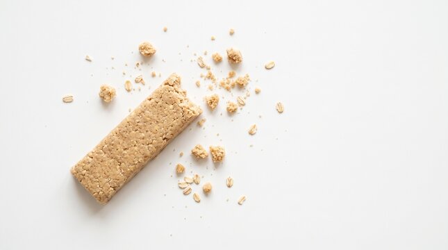 Granola bar made of oats with scattered crumbs on clean white background, minimalist snack photography.