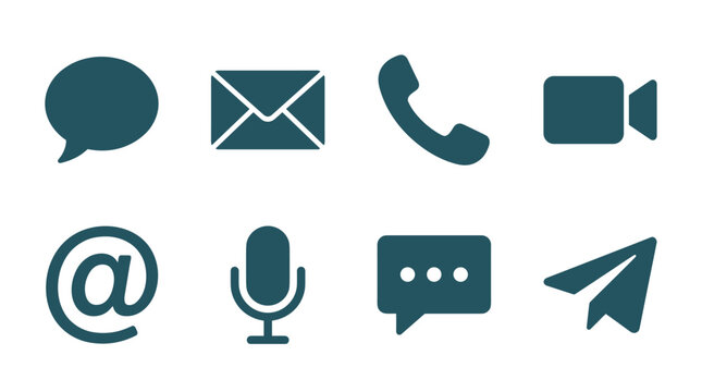 Communication and contact vector icons set featuring speech bubble email envelope telephone receiver video camera at sign microphone chatting box and paper airplane send message