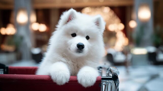 Fluffy pup seated in cart, glossy marble atrium blur, pearly white glow, pristine fur volume, clean elegant brightness