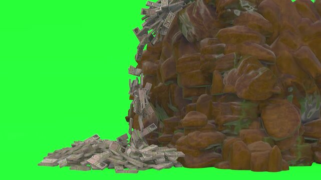 Japanese yen banknotes falling like a waterfall from golden rocks
