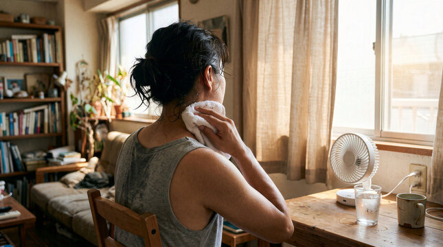 Woman Suffering From Extreme Heat Wave at Home Trying to Cool Down With Desk Fan and Cold Water During Hot Summer Day Global Warming Climate Change Crisis Impact High Temperature Indoor Living Concept