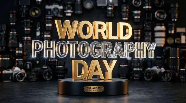 World Photography Day August 19 3D Gold Text Banner with Studio Camera Lenses Background