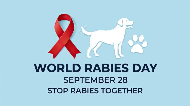 World Rabies Day September 28 Flat Banner with Red Awareness Ribbon and Dog Paw Silhouette