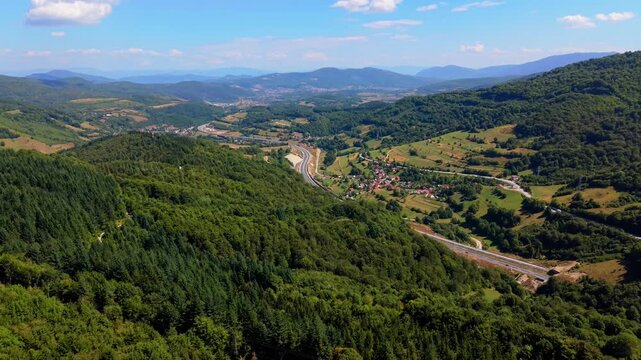 Aerial View of A1 Highway Corridor and Forested Mountains From Ivan Sedlo Pass Bosnia