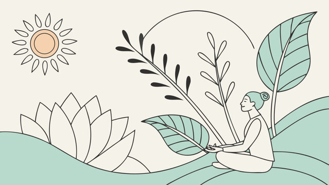 Woman meditating in lotus pose surrounded by abstract botanical leaves, flowers and sun, minimalist line art illustration representing yoga, wellness and harmony
