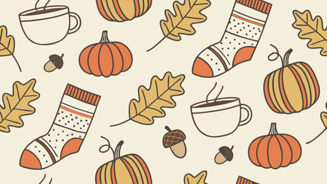 Cozy autumn pattern with pumpkins, warm socks, coffee cups, oak leaves and acorns, hand drawn seasonal illustration in warm fall colors