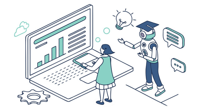 Business analytics teamwork with people analyzing data charts on laptop, digital assistant robot and communication icons, modern technology collaboration concept