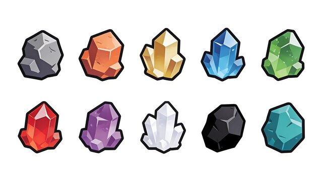10 minerals in the form of game icons, on a white background,