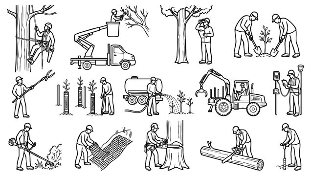 Arborist tree care worker illustration set for landscape maintenance and planting service line art
