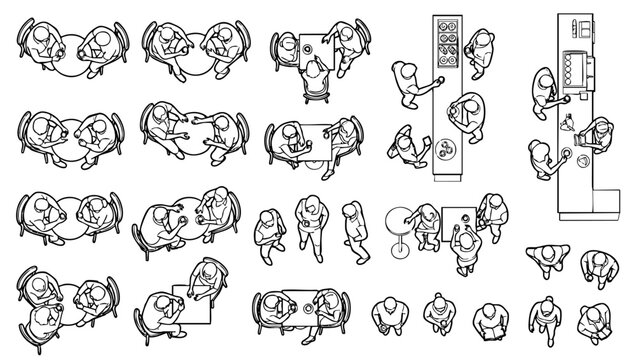 Top view people at cafe table scale figure set for restaurant floor plan rendering cad vector entourage
