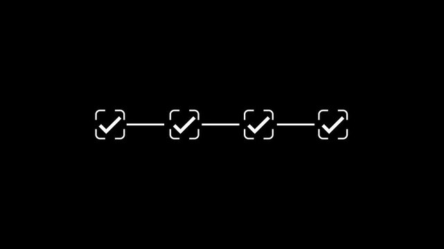4 step infographic process with check mark icon. infographic step by step process icon animation on black background, step process success with check marks. Step-by-Step Guide. 4K video animation