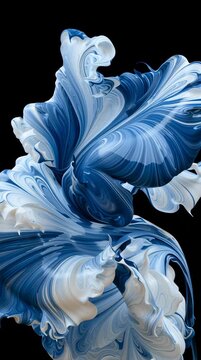 Watch as paint swirls and merges in water, creating shapes that resemble clouds in deep blue tones during an artistic moment.