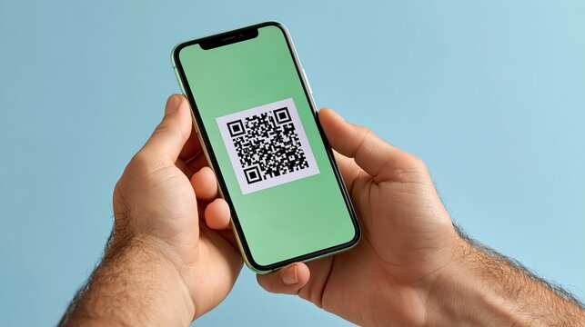 Two hands hold a smartphone displaying a large QR code on a green screen against a blue background for stock photo use.
