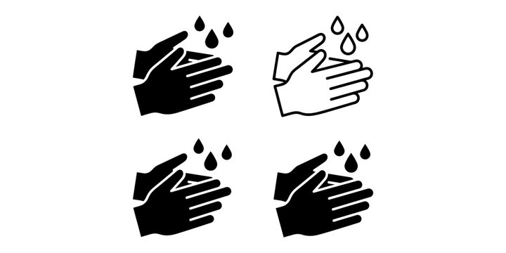 Hand washing hygiene icon set black flat and line style graphics for healthcare safety and sanitization public signage.
