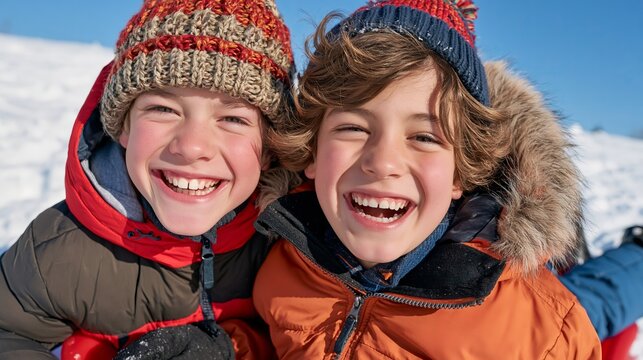 Two smiling boys in winter coats and knit hats pose happily on a snowy mountain slope under bright blue sky.