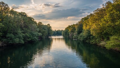 Fototapeta premium Ruhige Flusslandschaft mit Bäumen bei Sonnenuntergang