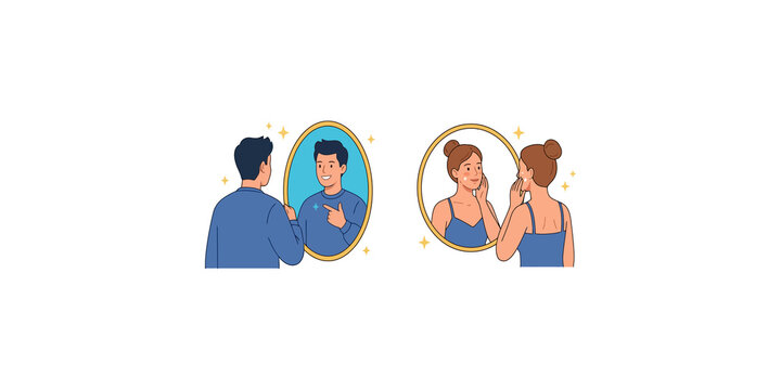 People looking into mirrors with happy facial expressions representing self love and personal care wellness concepts.