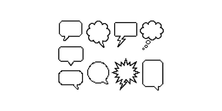 Black and white pixel art speech bubbles collection for comic book dialogue and digital messaging interface design.