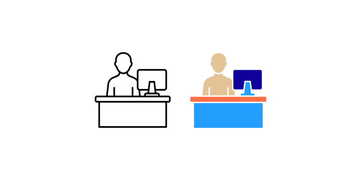 Office worker sitting at desk with computer screen displayed in both black line art and modern colorful flat styles.