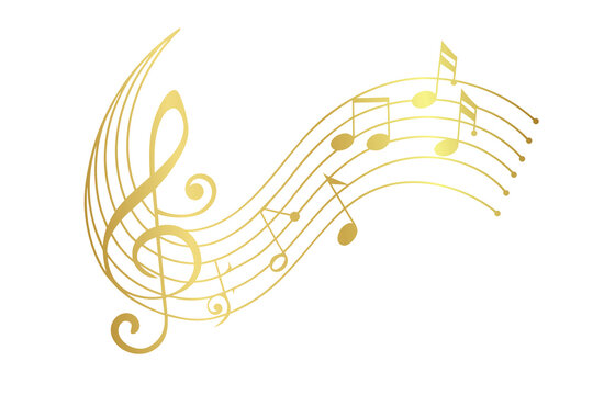 Golden musical notes flowing across elegant curved staff lines on a light background. Abstract music melody illustration creates a graceful artistic design. Perfect for concerts, audio and musical pro
