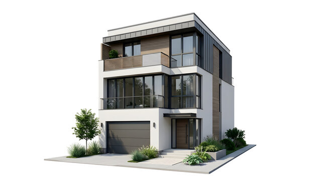 Modern threestory residential house with a garage and balcony, isolated on transparent background