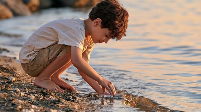 Young boy crouching on rocky beach touching water at sunset shoreline