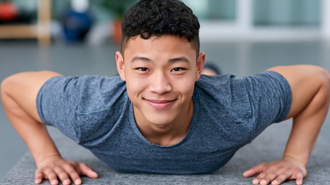 Young man performing push up exercise indoors with focused expression and athletic posture in gym setting.