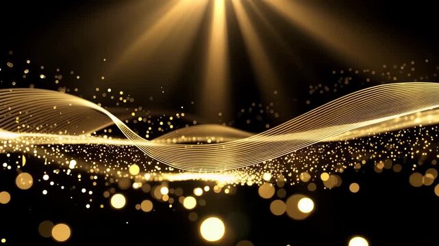 Golden Particle Wave with Sparkling Lights on Black Background