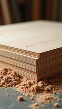 Plywood sheets stacked with sawdust, woodworking and construction material concept, layered wood panels showing natural grain, texture and manufacturing detail