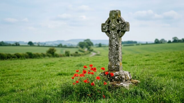 A solemn celtic cross stands in a vibrant green field a poignant memorial honoring the sacrifices of fallen heroes on remembrance day