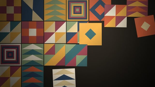 Pieced Quilt Blocks Flying In And Sewn Into Patchwork Panel Assemble Animation