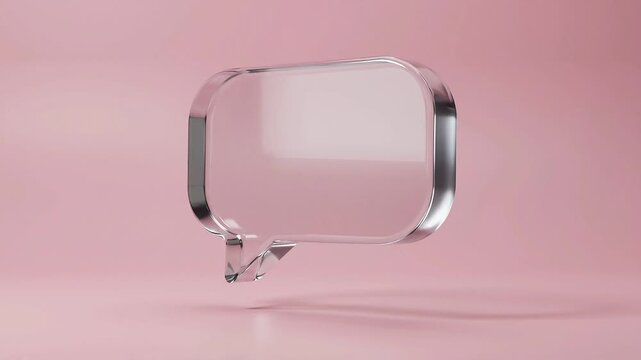 3D Glass Speech Bubble Pop-Up Animation with Lens Flare Refraction on Pink Background
