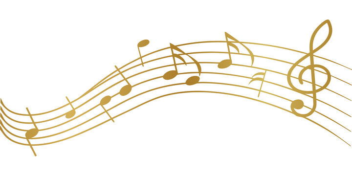 Golden musical notes flowing across elegant curved staff lines on a light background. Abstract music melody illustration creates a graceful artistic design. Perfect for concerts, audio and musical pro