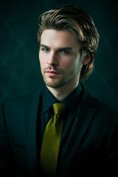 portrait of handsome young businessman with dark blonde long hair color toned teal