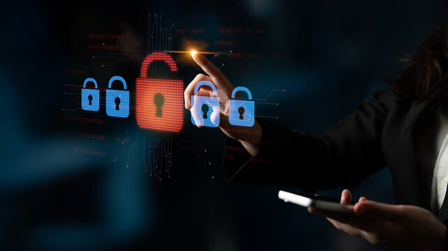 Digital security concept illustrating a cybersecurity breach, with a red unlocked padlock indicating data exposure among secure systems, emphasizing system vulnerability and risk Latch