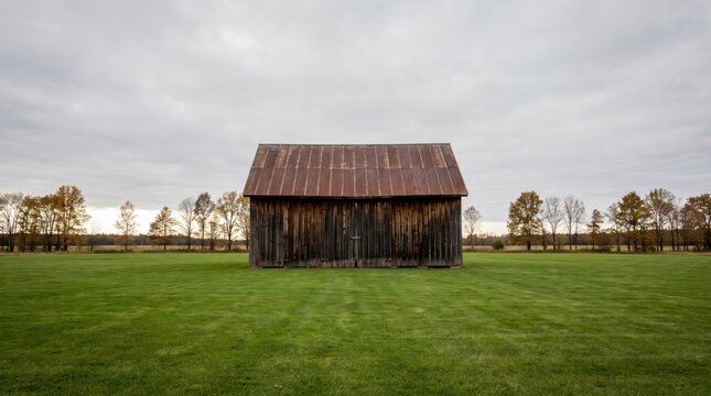 Rustic wooden barn standing in a vibrant green field with a rusty corrugated roof under a cloudy sky