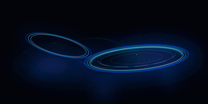 Abstract glowing blue elliptical rings on dark background on transparent background