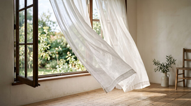 white sheer curtain billowing through open wooden window with natural daylight and greenery view