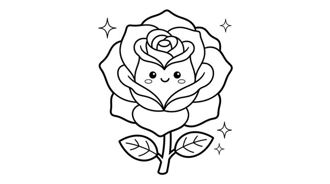Cute cartoon rose flower with a happy smiling face and sparkling stars in a simple black and white line art style