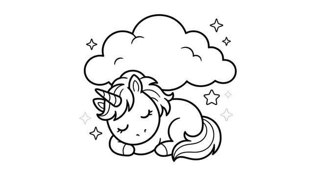 Cute cartoon unicorn sleeping peacefully under a fluffy cloud with sparkling stars in a simple line art style
