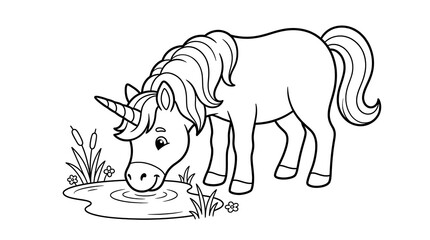 Obraz premium Black and white line art illustration of a cute unicorn drinking water from a small forest pond