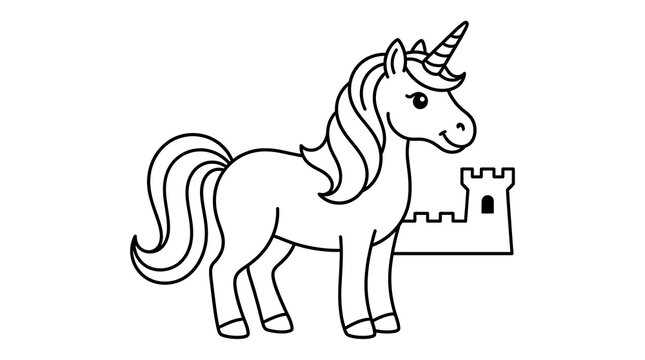 A cute unicorn standing in front of a fairytale castle for children to color as an activity
