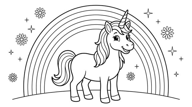 Cute unicorn standing in front of a rainbow with sparkling stars for children coloring book page illustration